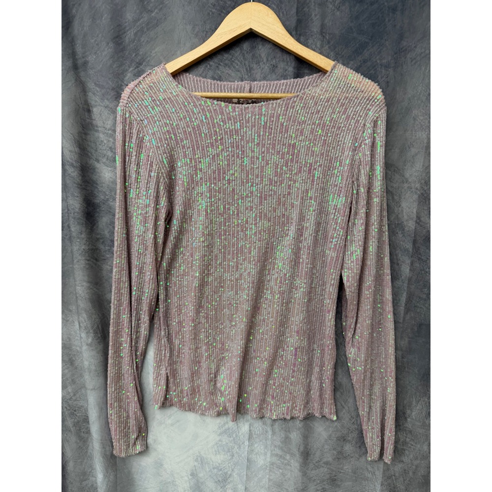 Intimately Free People Mauve Pink Iridescent Sequin Long Sleeve Mesh Top Small